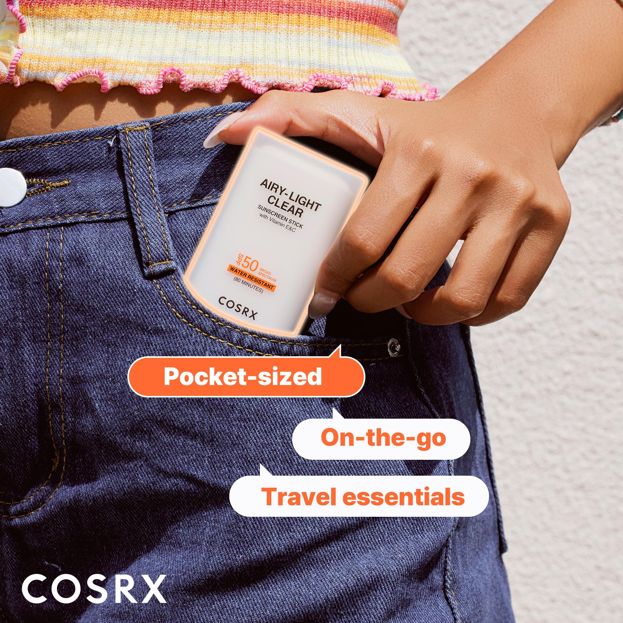 COSRX Airy-Light Clear Sunscreen Stick travel-size design fits in bags.