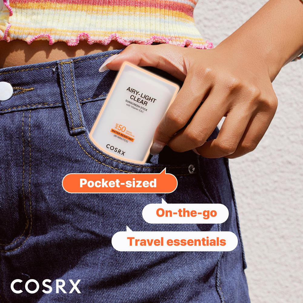 COSRX Airy-Light Clear Sunscreen Stick travel-size design fits in bags.
