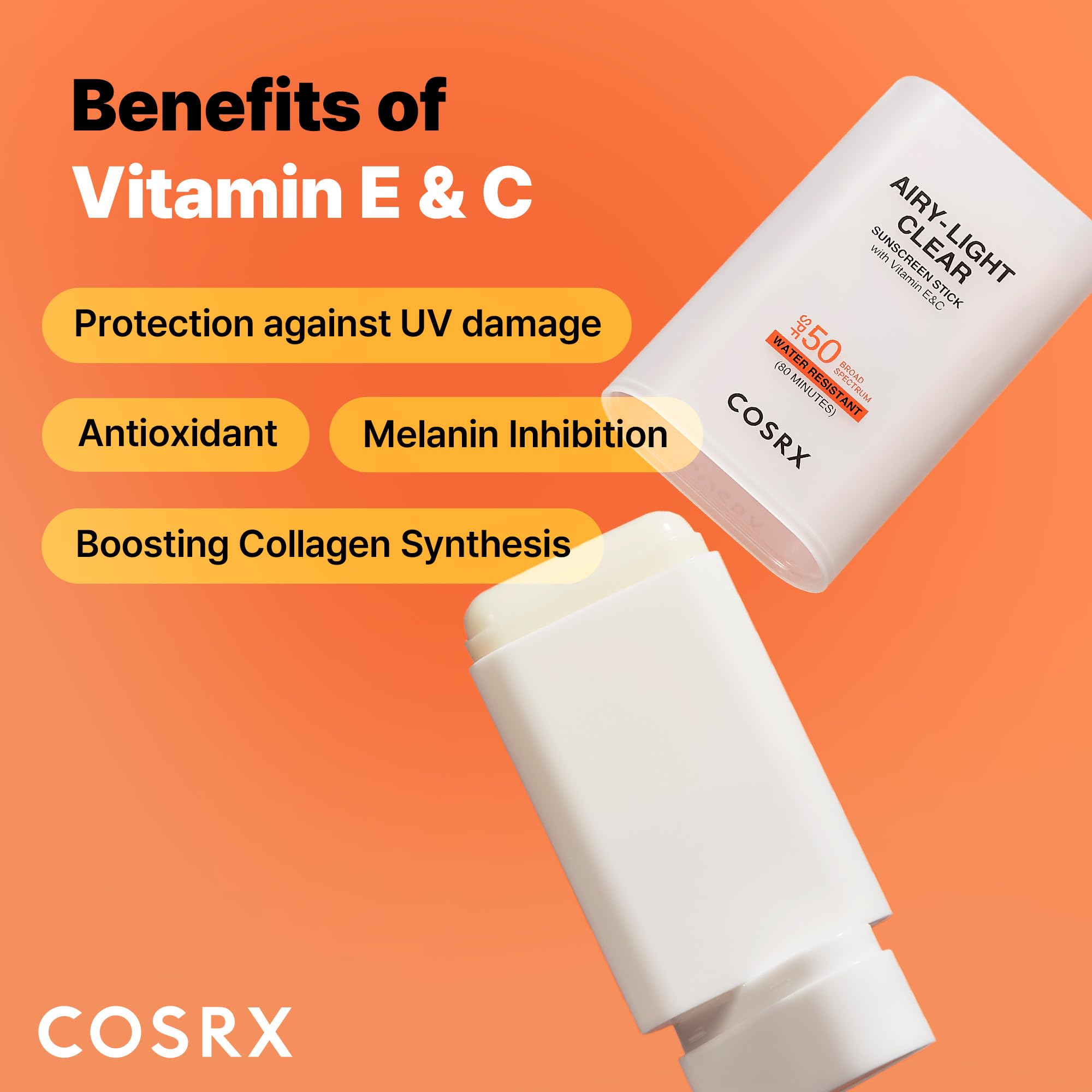 COSRX Airy-Light Clear Sunscreen Stick tube highlights compact travel size.