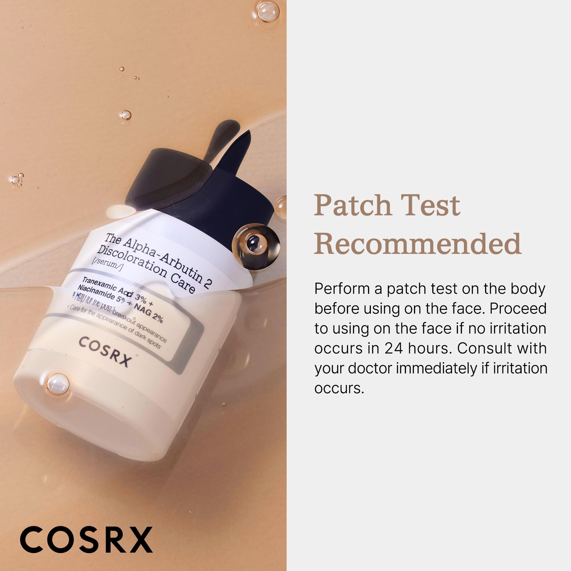 COSRX anti-pigmentation support graphic communicates gradual clarity improvements.