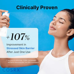 Close-up of COSRX Barrier Cream Face Mist showing hyaluronic acid for lasting moisture.