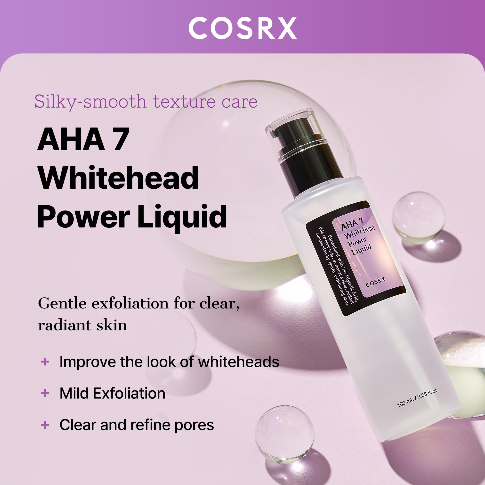 COSRX exfoliating toner pour closeup shows quick, even application across the skin.