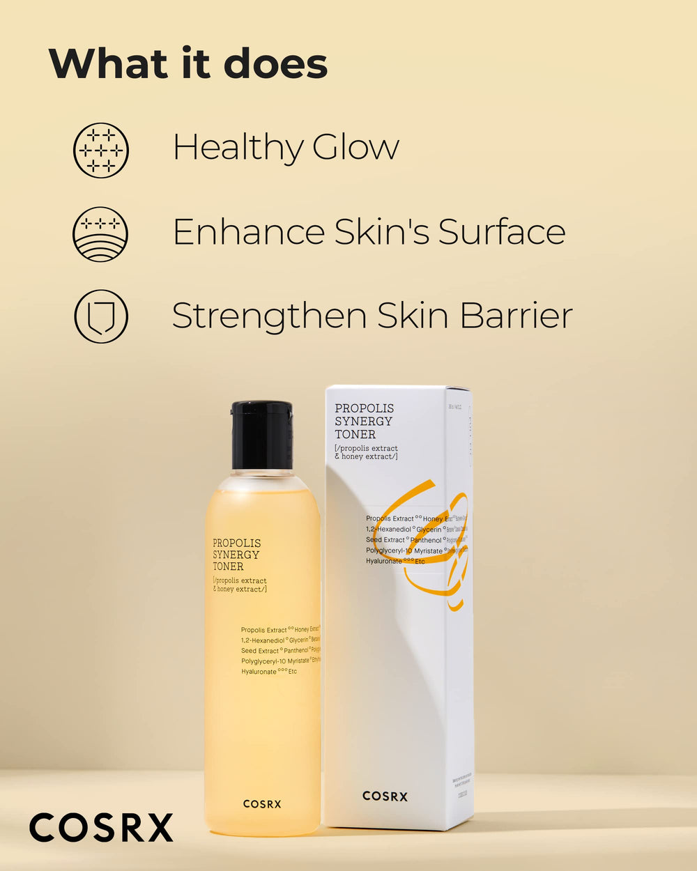 Label highlights Propolis 72.6% and Honey 10% on COSRX toner