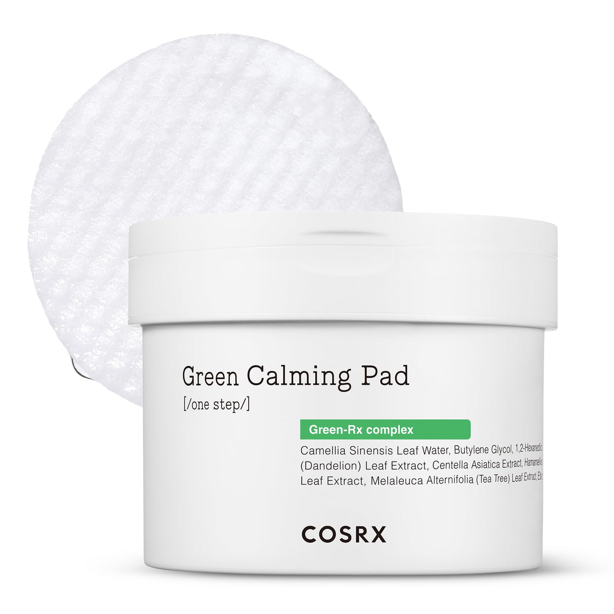 COSRX Green Calming Pads packaging closeup highlighting gentle exfoliation and soothing formula.