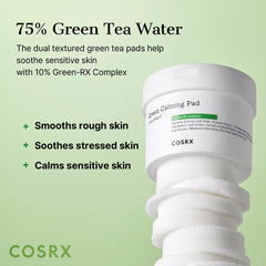 COSRX Green Calming Pads toner-soaked fabric image suggests refreshing cleanse and hydration.