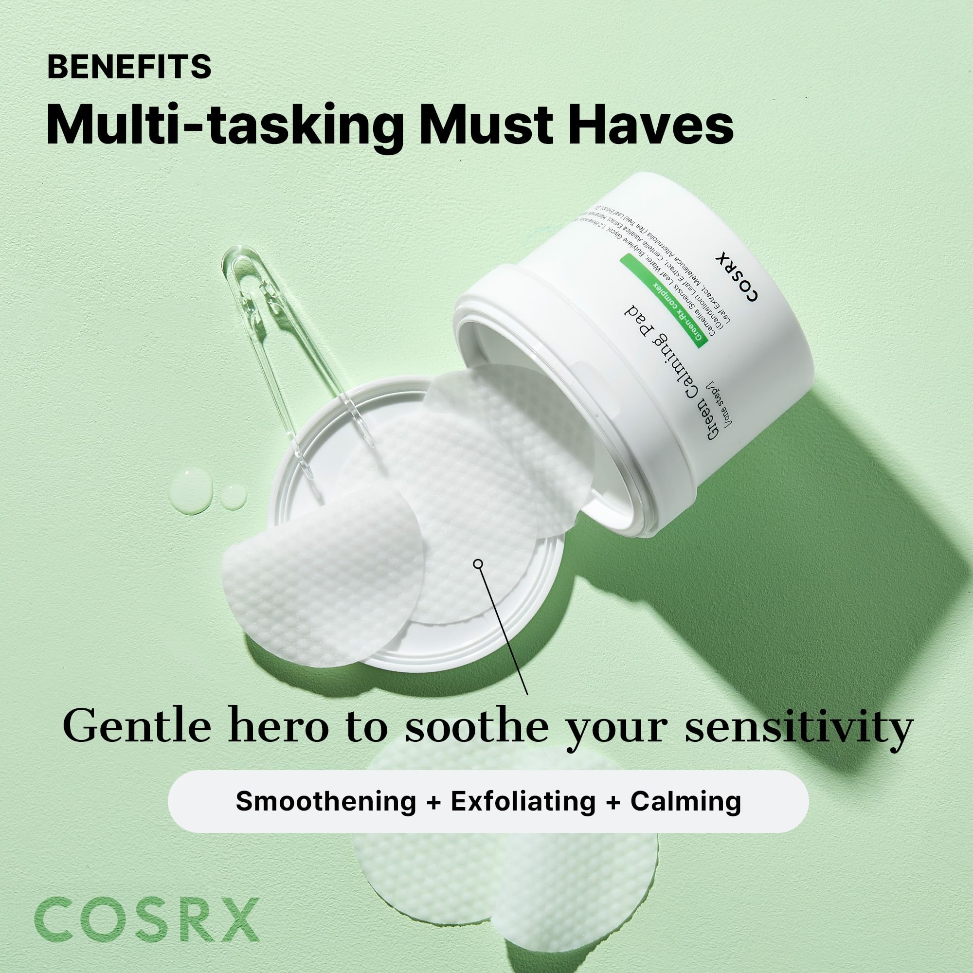COSRX Green Calming Pads witch hazel note highlights anti-irritation benefits for sensitive skin.