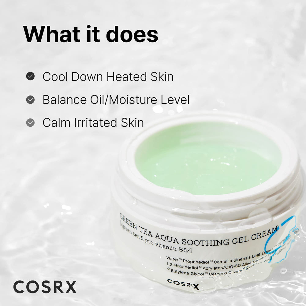 COSRX Hydrium Green Tea Aqua Gel Cream application after toner for cooling relief.
