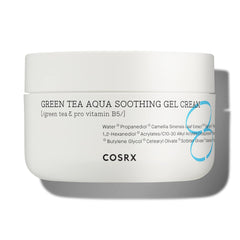 COSRX Hydrium Green Tea Aqua Gel Cream jar closeup showing soothing, lightweight hydration.