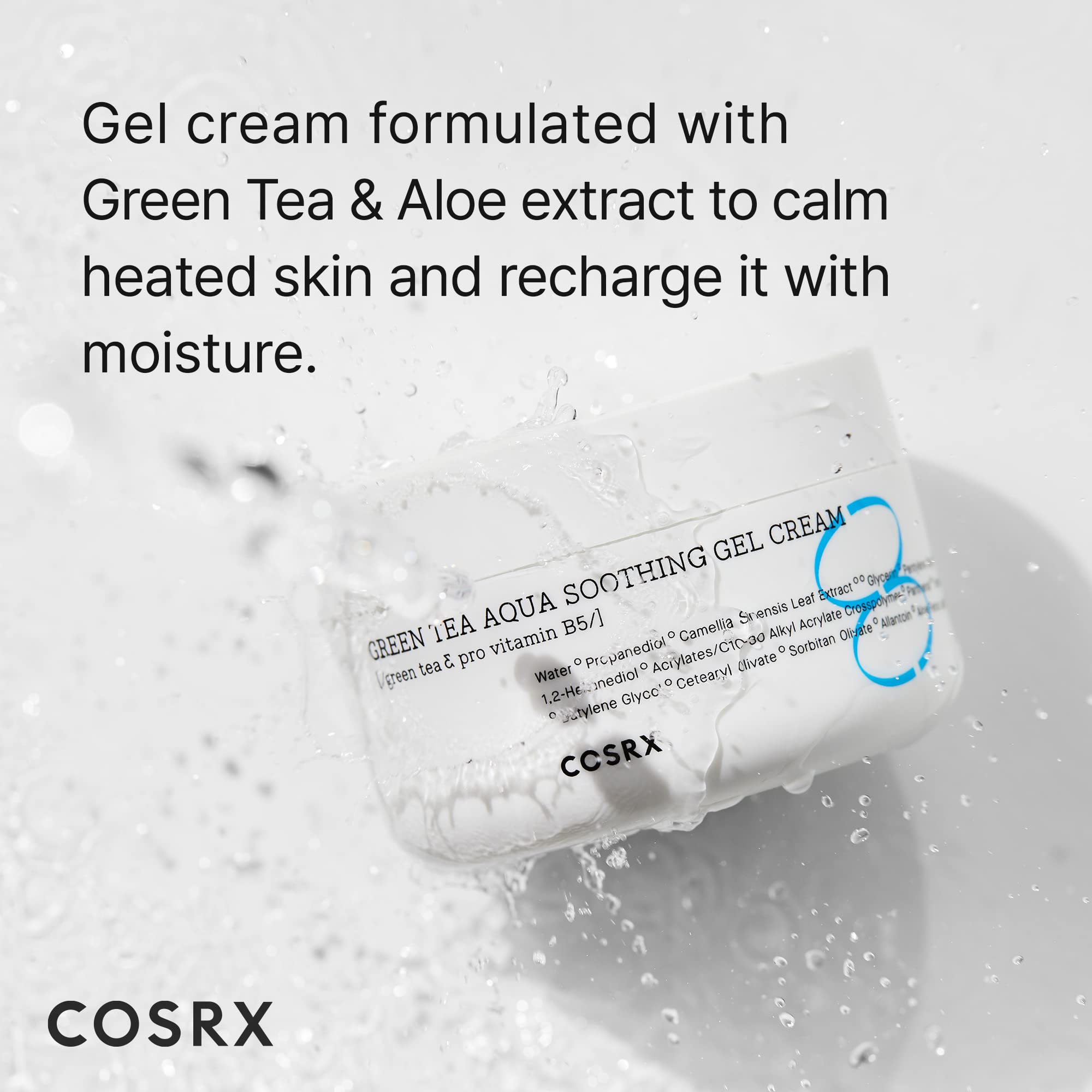 COSRX Hydrium Green Tea Aqua Gel Cream texture swatch demonstrates fast absorption.