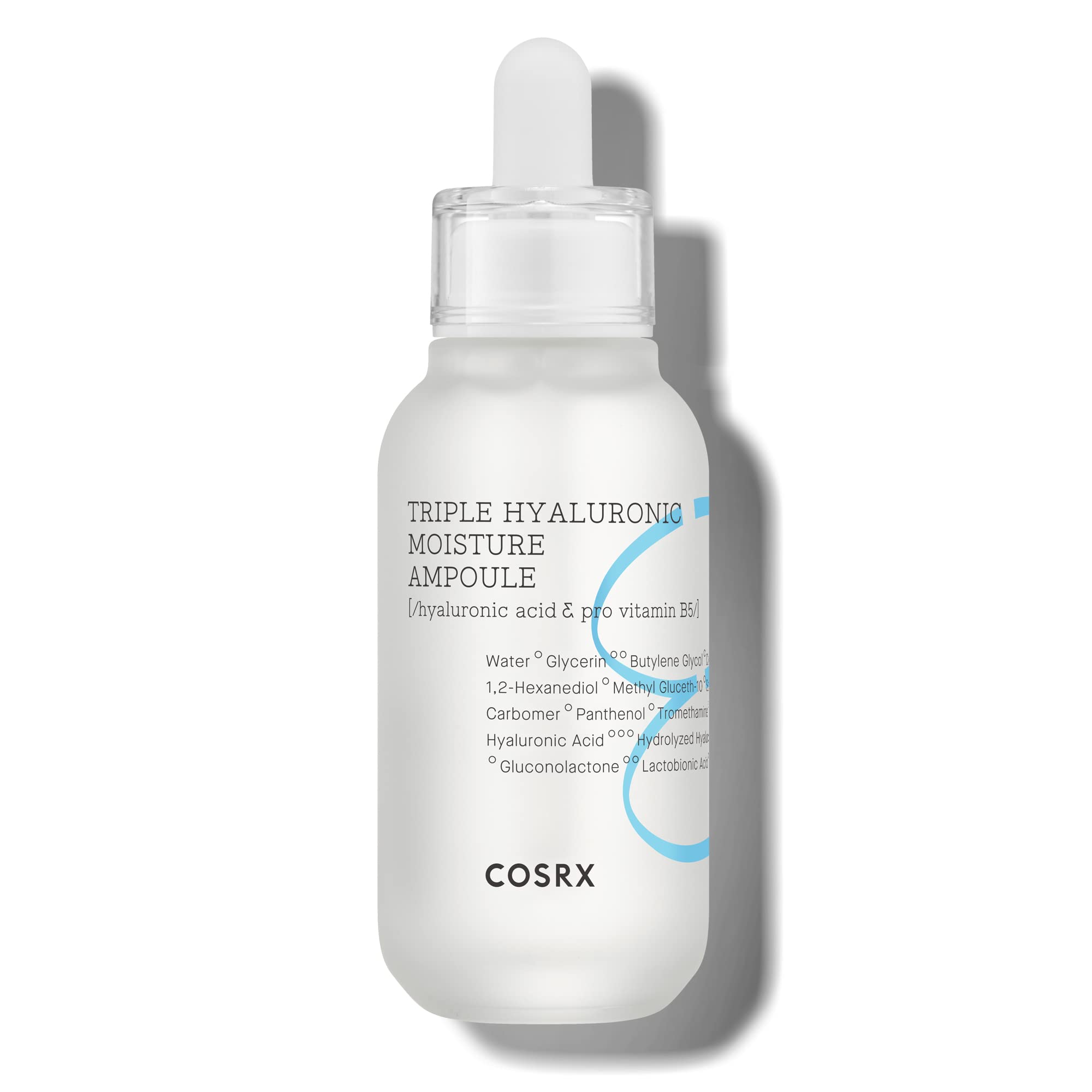 COSRX Hydrium ampoule bottle demonstrates moisture boosting hydration for smoother skin