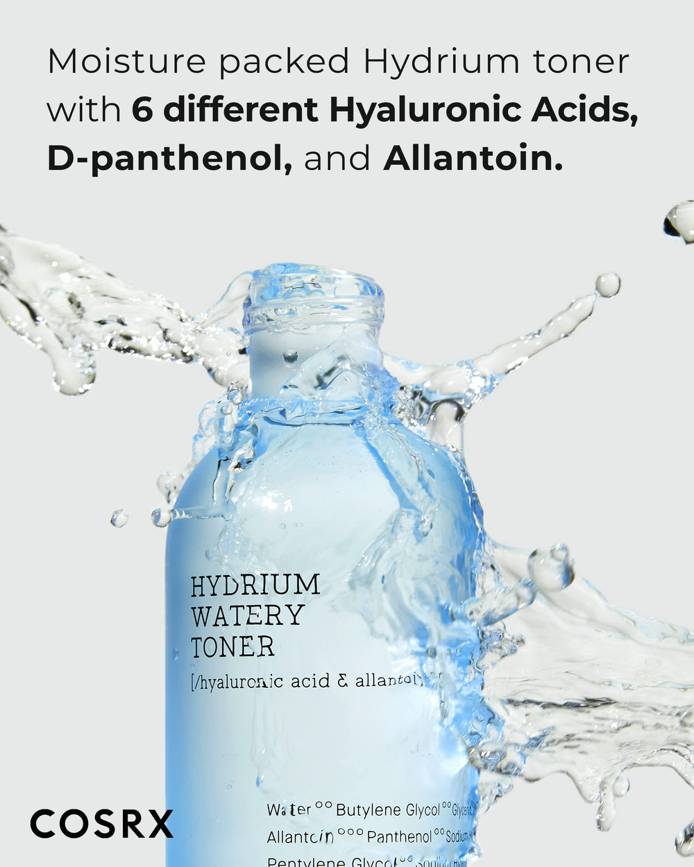 COSRX Hydrium Watery Toner packaging on shelf—travel-friendly hydration and clean formula