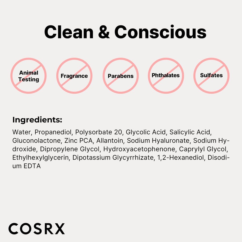 COSRX hypoallergenic, dermatologist-tested packaging emphasizing free-from formulas.