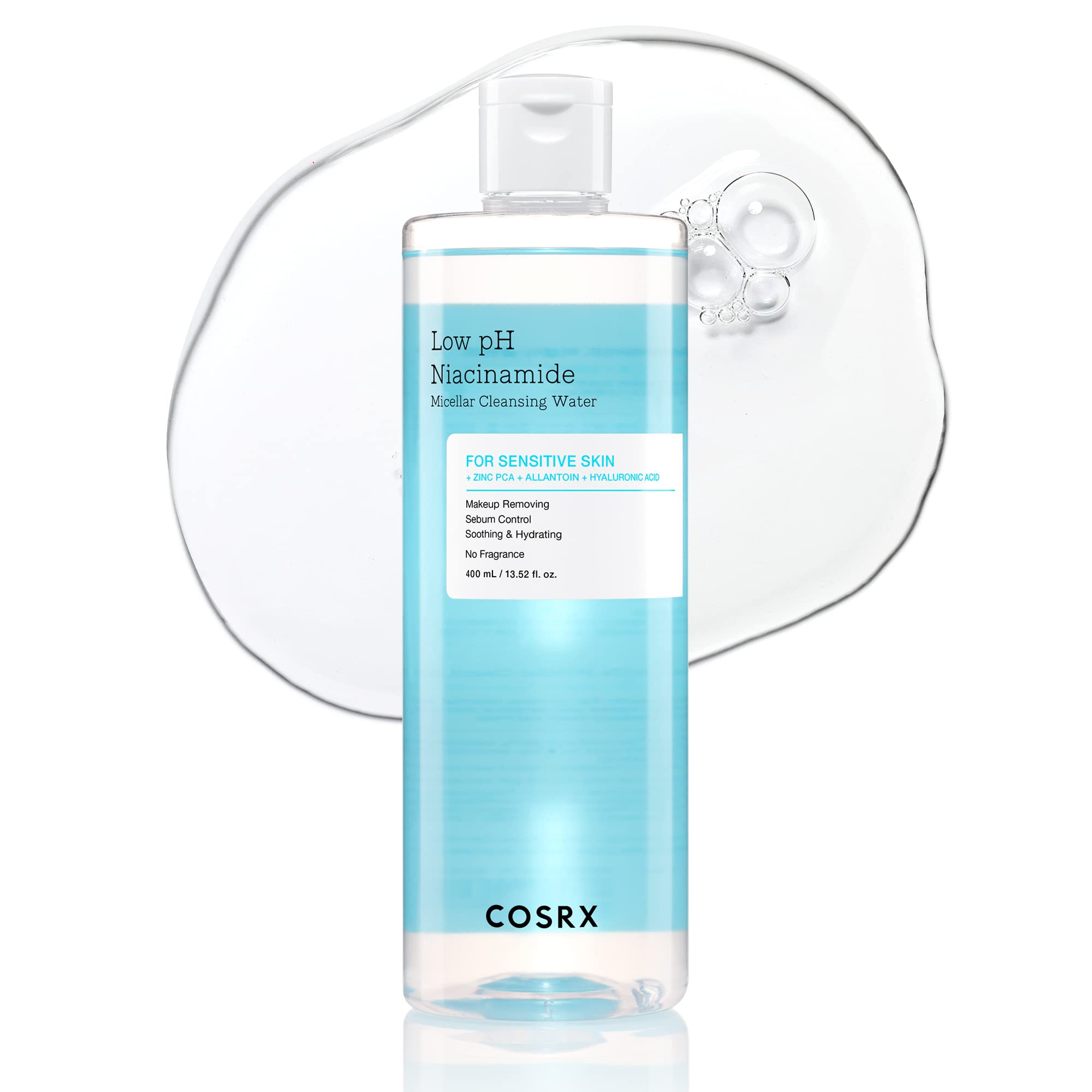 COSRX Low pH Niacinamide Micellar Cleansing Water bottle front view for gentle cleansing.