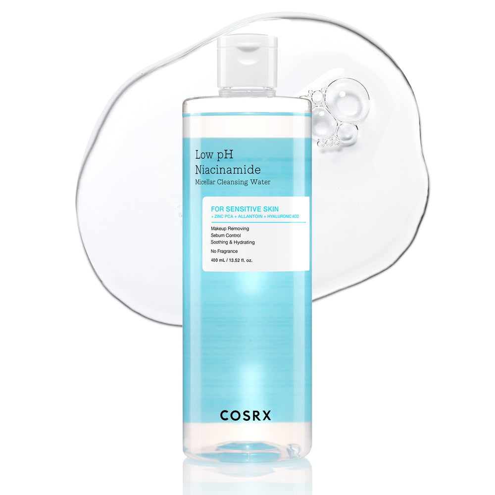 COSRX Low pH Niacinamide Micellar Cleansing Water bottle front view for gentle cleansing.