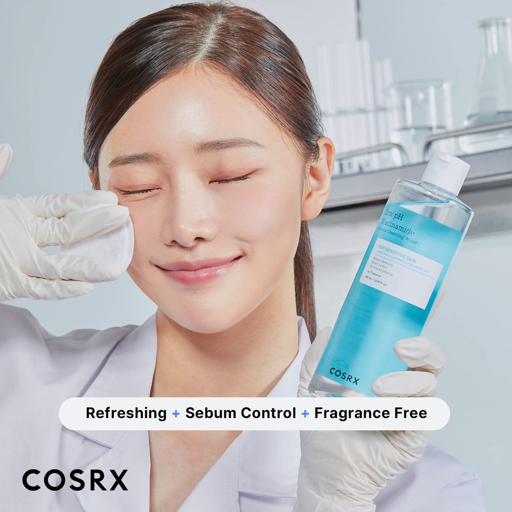 COSRX Low pH Niacinamide Micellar Cleansing Water bottle side close-up highlighting fragrance-free formula for sensitive skin.