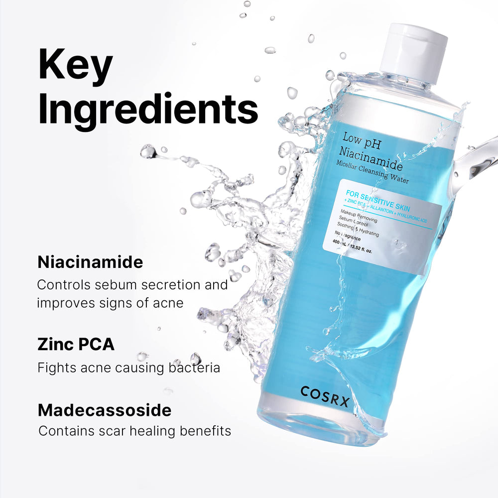 COSRX Low pH Niacinamide Micellar Cleansing Water cotton pad setup for makeup removal.