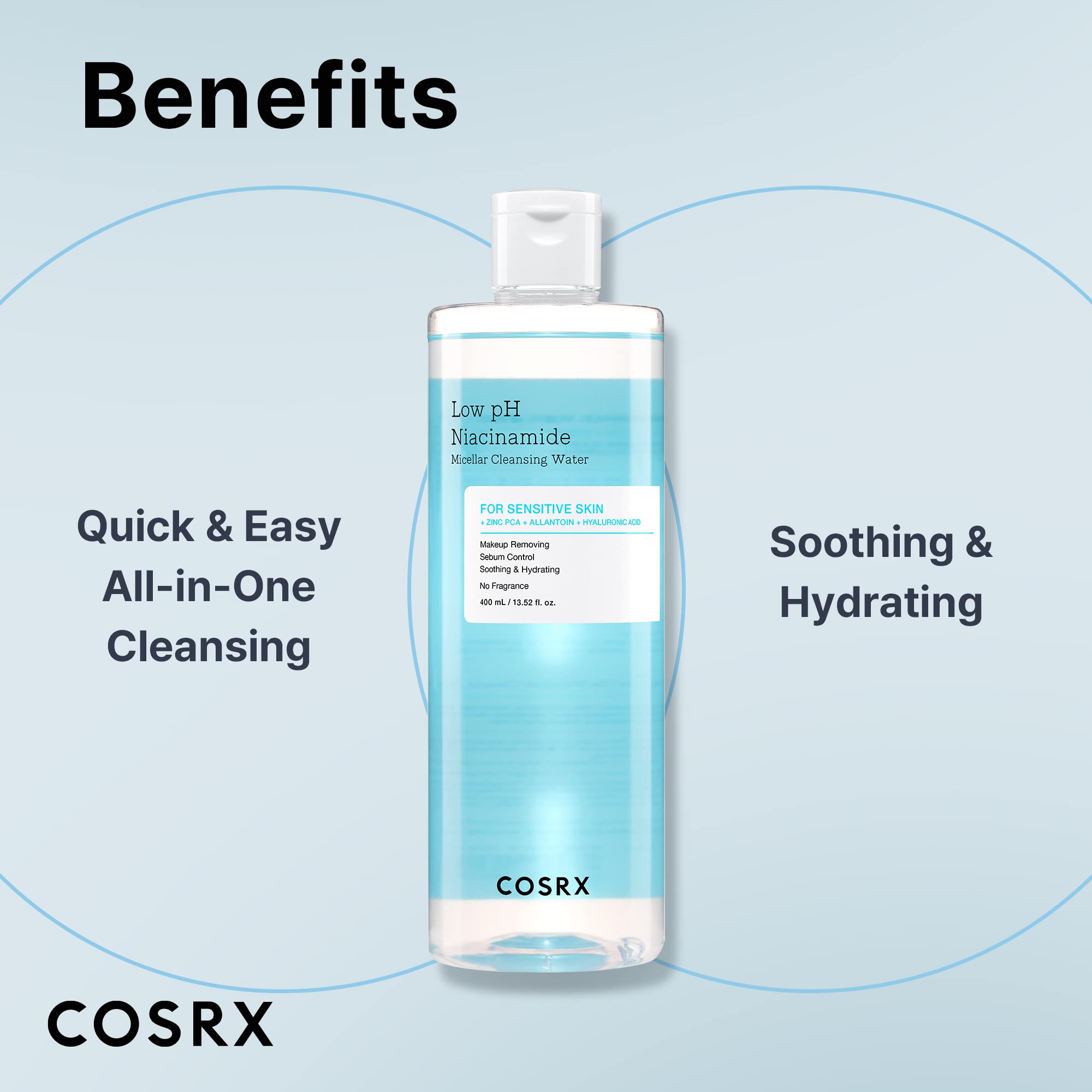 COSRX Low pH Niacinamide Micellar Cleansing Water in hand demonstrating gentle hydration.