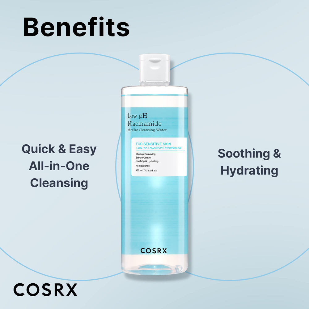 COSRX Low pH Niacinamide Micellar Cleansing Water in hand demonstrating gentle hydration.