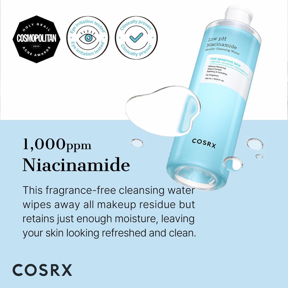 COSRX Low pH Niacinamide Micellar Cleansing Water bottle pour shows makeup removal and sebum control.