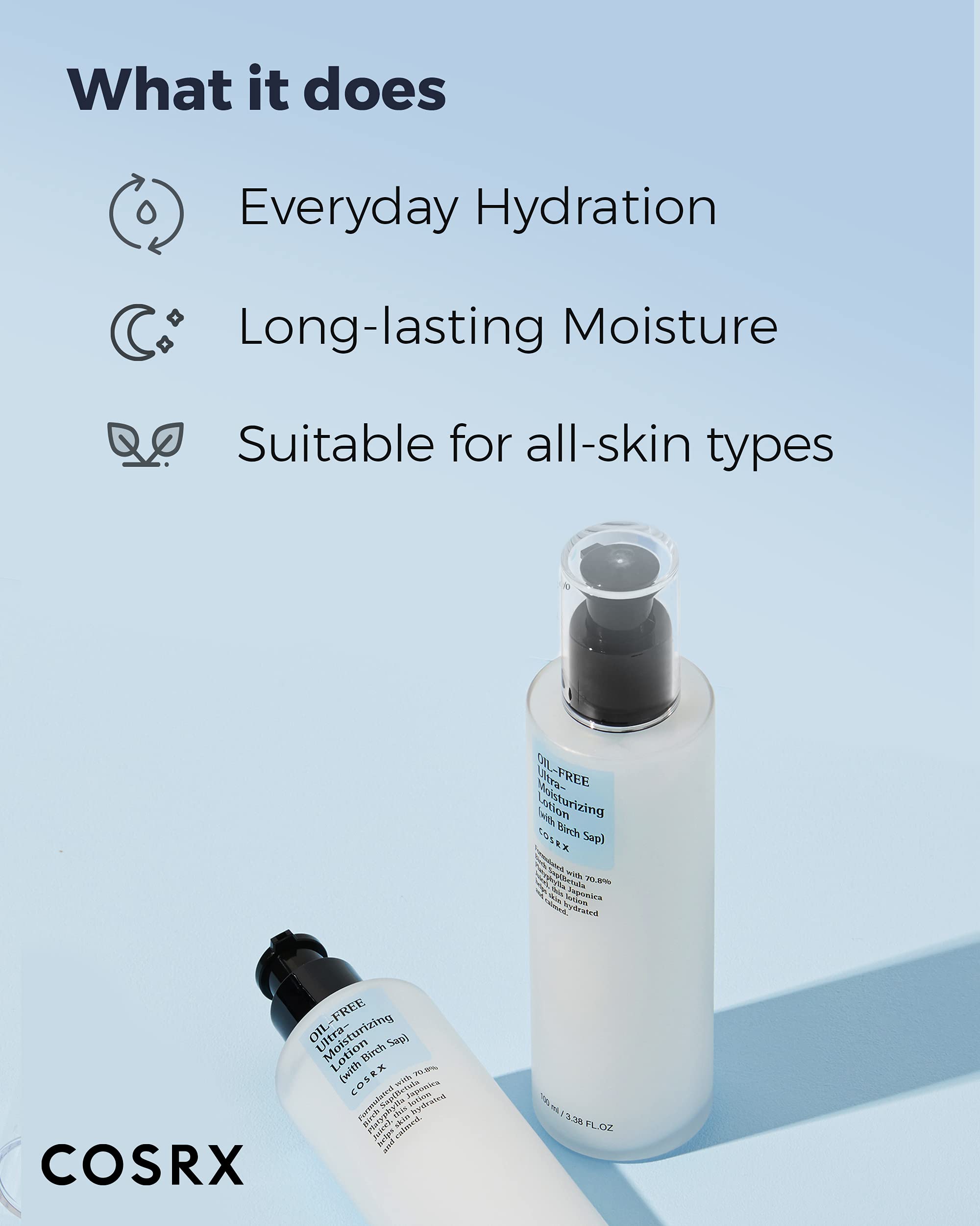 COSRX Oil Free Lotion birch sap ingredients 70 percent—hydrates with birch sap water.