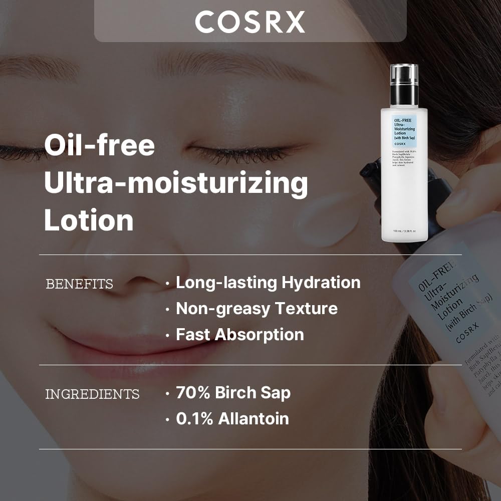 COSRX Oil Free Lotion birch sap texture closeup—non-greasy feel that absorbs quickly.