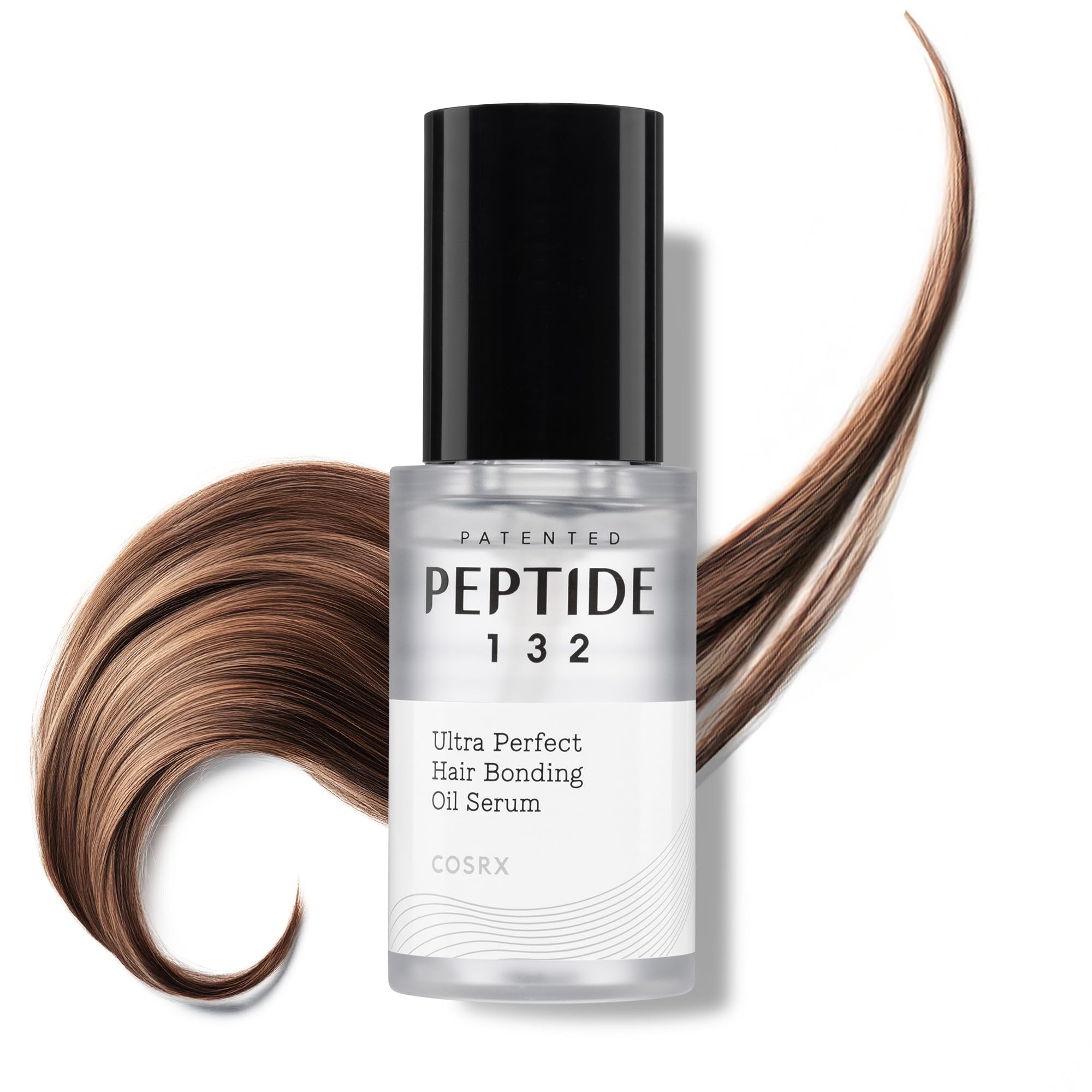 COSRX Peptide-132 Hair Bonding Oil Serum bottle closeup highlighting glossy finish and frizz control.