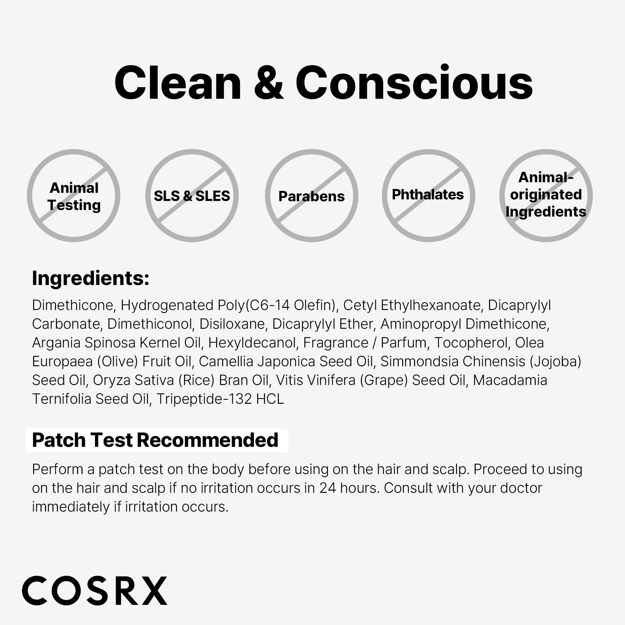 COSRX Peptide-132 Hair Bonding Oil Serum clean beauty formula free from SLS/SLES and parabens.