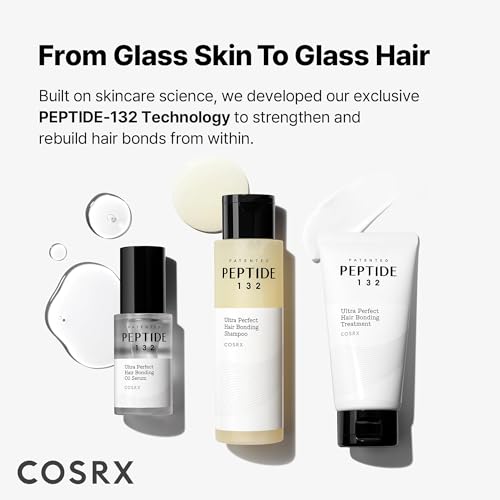 COSRX PEPTIDE-132 Hair Bonding Treatment ingredients panel highlights collagen and hyaluronic acid.