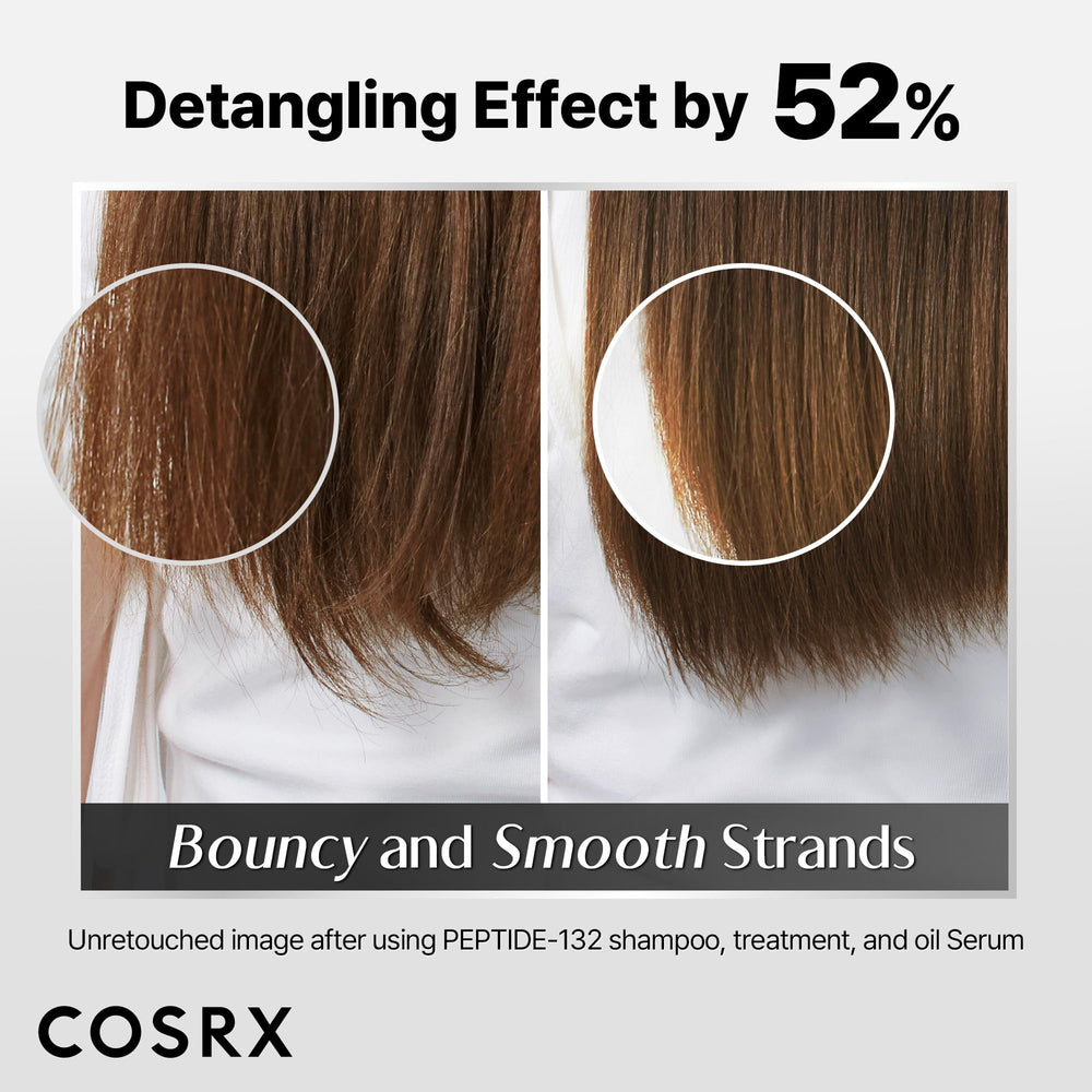 COSRX PEPTIDE-132 Hair Oil Serum on damp strands for frizz control.