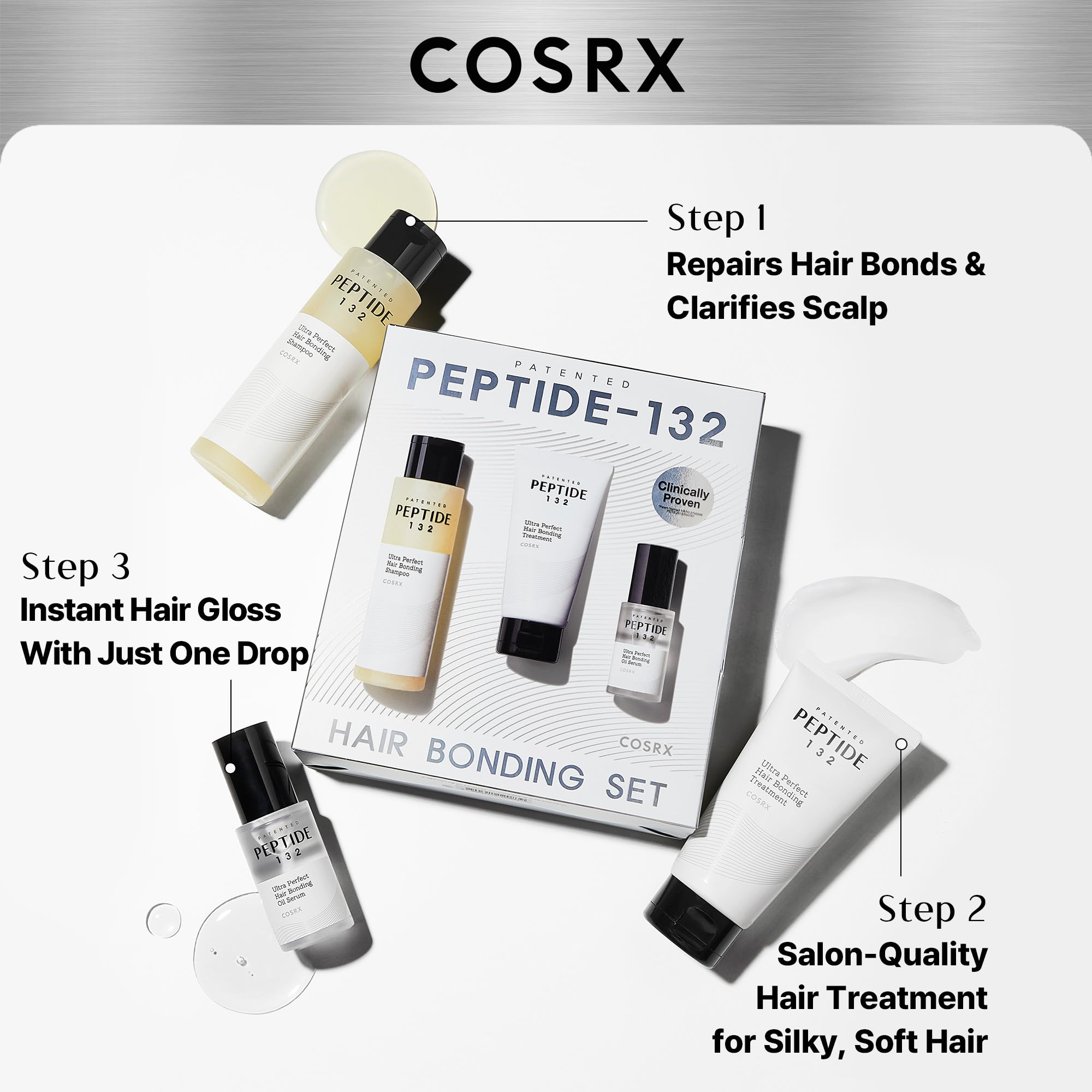 COSRX PEPTIDE-132 Treatment tube closeup highlighting keratin bond repair.