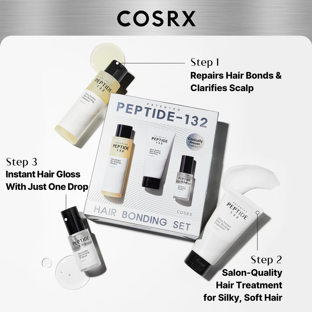 COSRX PEPTIDE-132 Treatment tube closeup highlighting keratin bond repair.