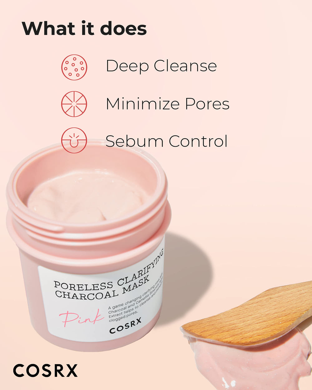 COSRX Pink Charcoal Clay Mask texture appears as a smooth clay layer on skin.