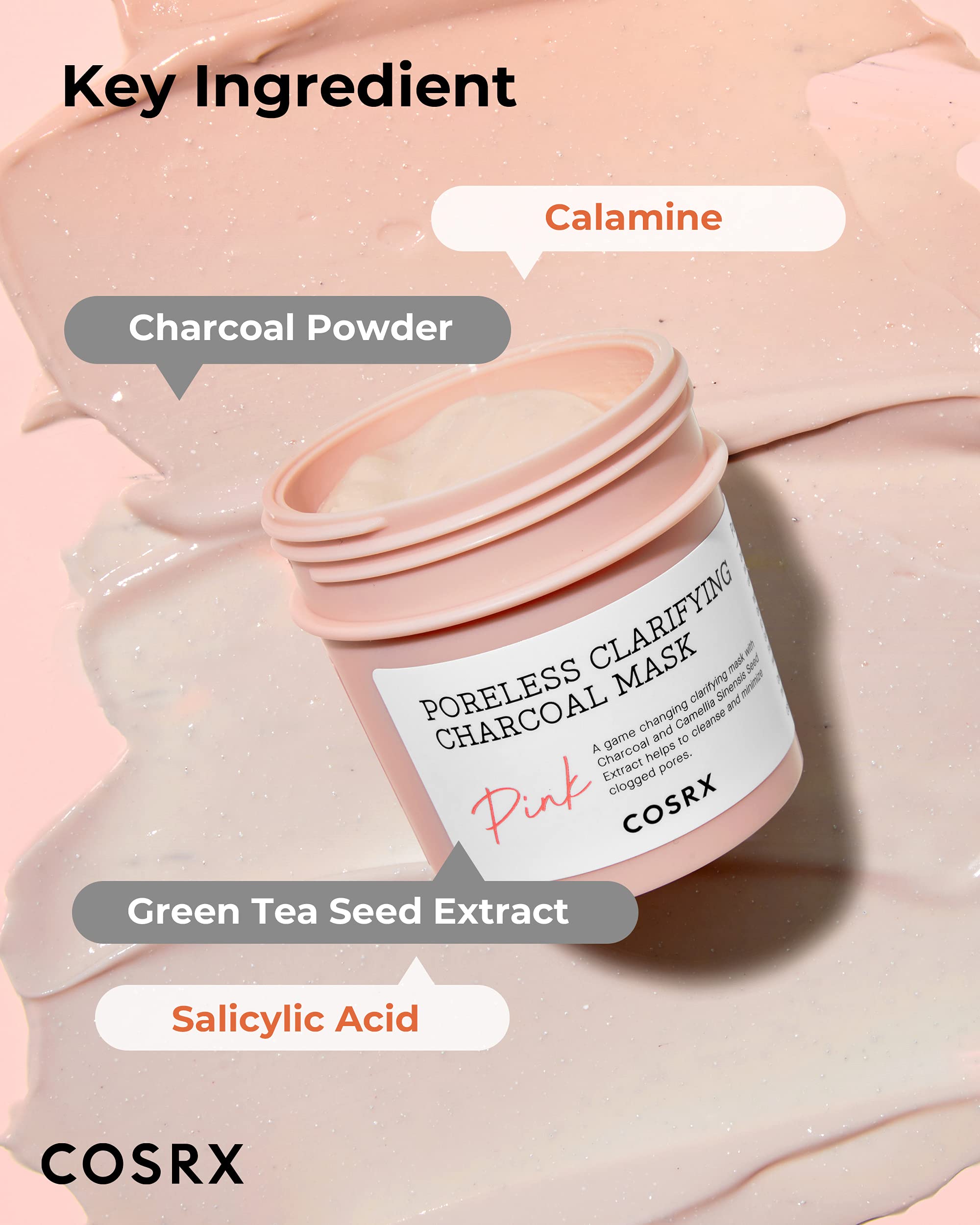 COSRX Pink Pore Clarifying Charcoal Mask jar close-up highlights pink color and texture for pores.