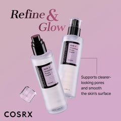 COSRX pore minimizer closeup on the bottle highlights skin smoothing benefits.