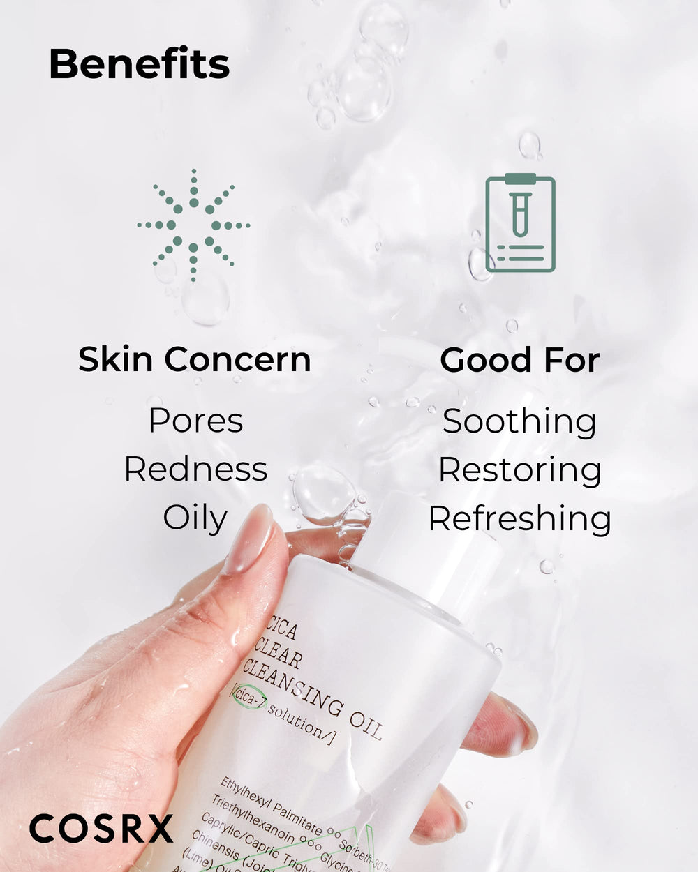COSRX cleansing oil rinsing scene suggests gentle post-wash skin.