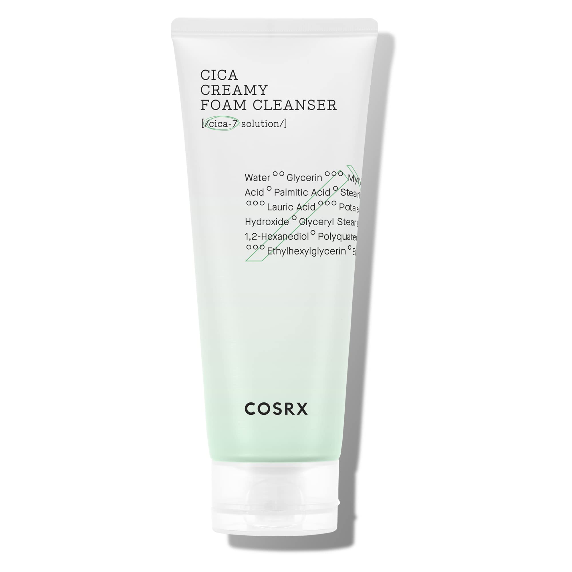 COSRX Pure Fit Cica Creamy Foam Cleanser bottle shows a gentle, fragrance-free cleanse for sensitive skin