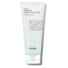 COSRX Pure Fit Cica Creamy Foam Cleanser bottle shows a gentle, fragrance-free cleanse for sensitive skin