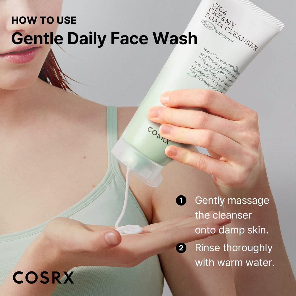 COSRX Pure Fit Cica Creamy Foam Cleanser close-up foam texture ready for cleansing