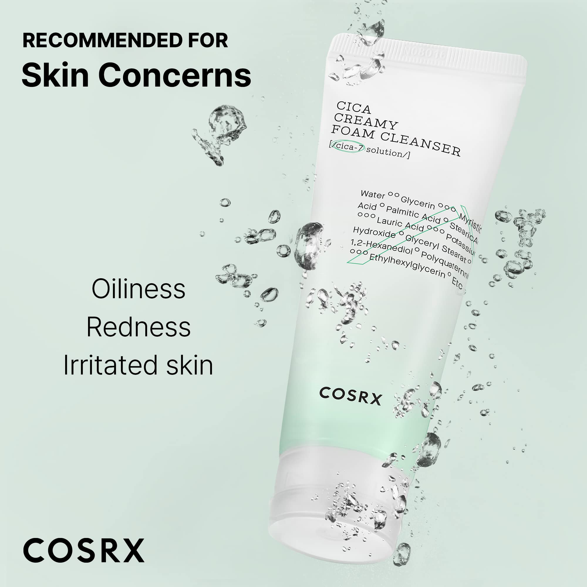 COSRX Pure Fit Cica Creamy Foam Cleanser label shows 91% naturally derived centella complex