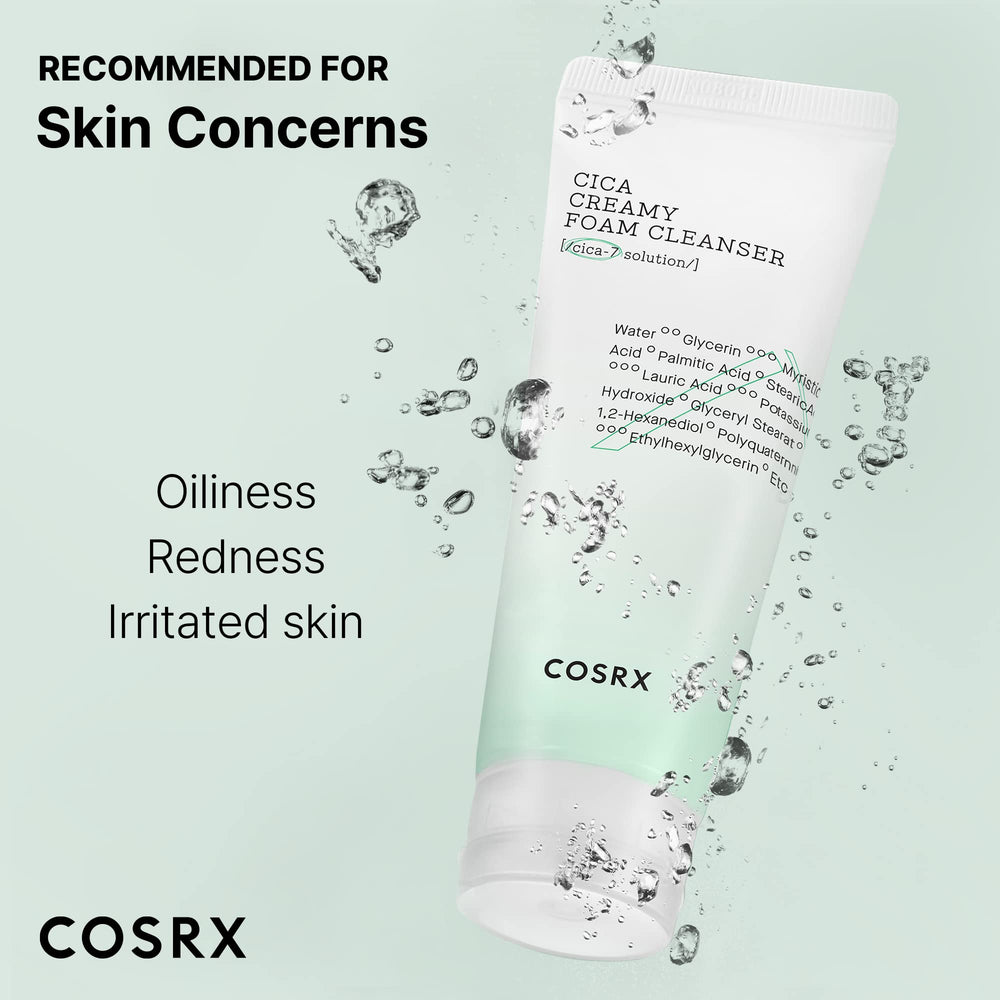 COSRX Pure Fit Cica Creamy Foam Cleanser label shows 91% naturally derived centella complex