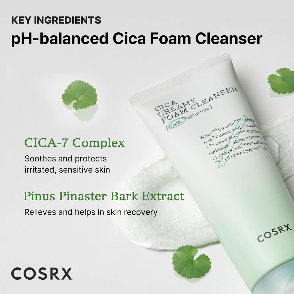 COSRX Pure Fit Cica Creamy Foam Cleanser packaging close-up emphasizes fragrance-free formula