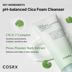 COSRX Pure Fit Cica Creamy Foam Cleanser packaging close-up emphasizes fragrance-free formula