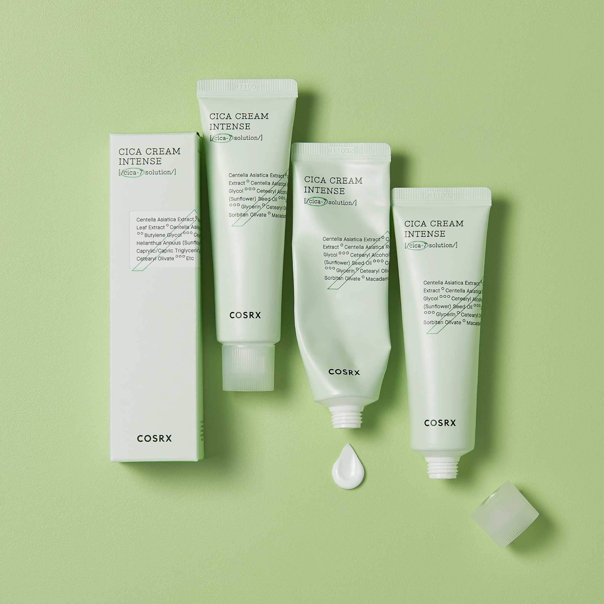 COSRX Pure Fit Cica Intensive Cream outer packaging highlighting soothing centella for redness relief
