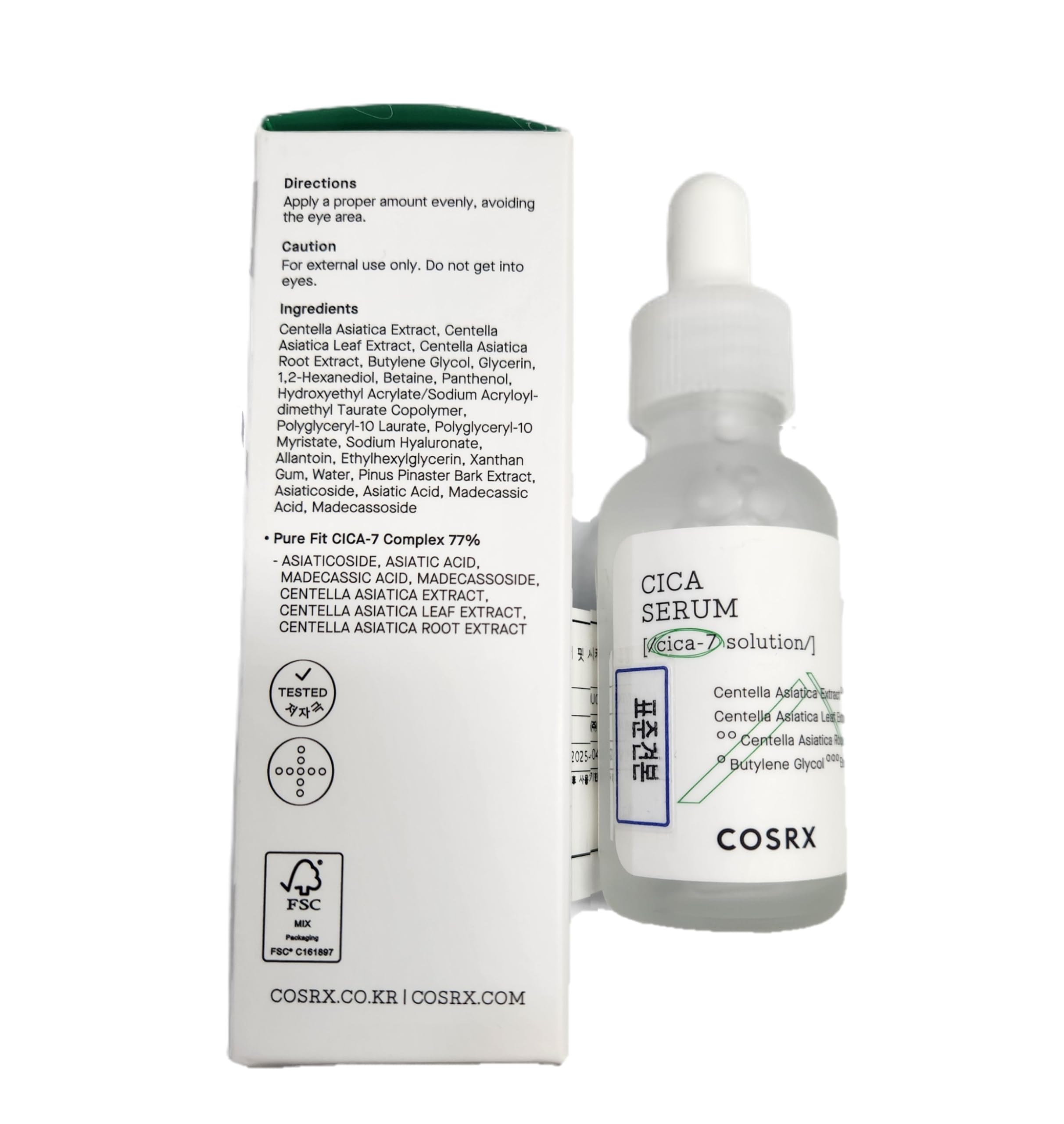 COSRX Pure Fit Cica Serum ingredients panel featuring 76% Centella Asiatica complex