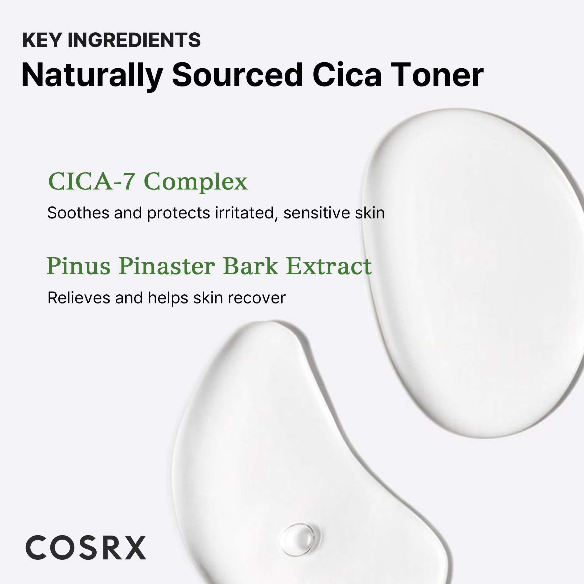COSRX Pure Fit CICA Toner ingredients closeup featuring CICA-7 complex.