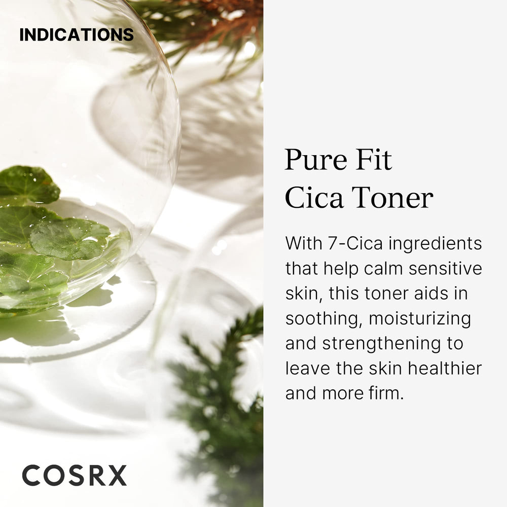 COSRX Pure Fit CICA Toner label closeup highlights calming formulation for irritated skin.