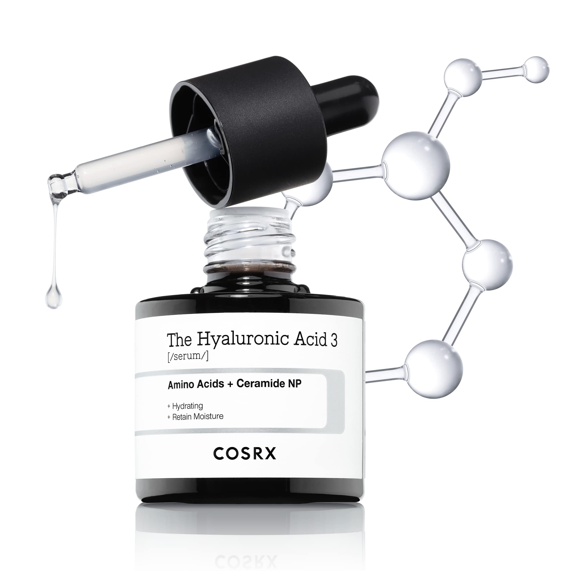 COSRX Pure Sodium Hyaluronic Acid 3% Serum bottle demonstrates deep hydration for dry skin