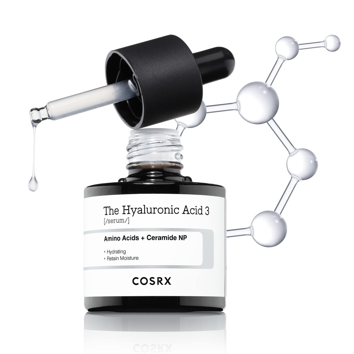 COSRX Pure Sodium Hyaluronic Acid 3% Serum bottle demonstrates deep hydration for dry skin