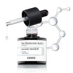 COSRX Pure Sodium Hyaluronic Acid 3% Serum bottle demonstrates deep hydration for dry skin