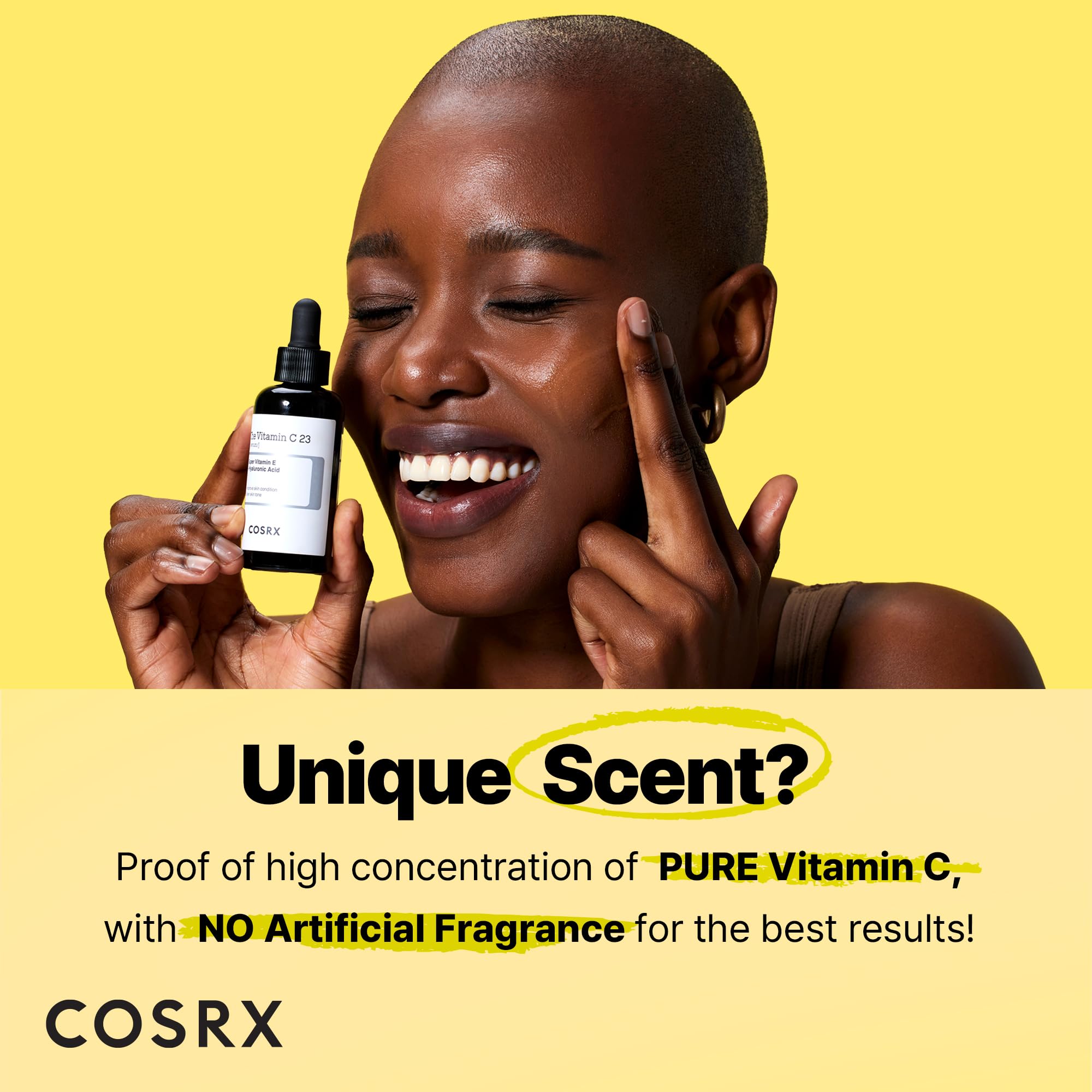 COSRX Pure Vitamin C 23% Serum label close-up with key ingredients benefiting radiance